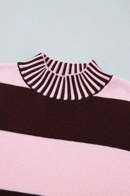Stripe Contrast High Neck Dropped Shoulder Relaxed Sweater by Trendsi