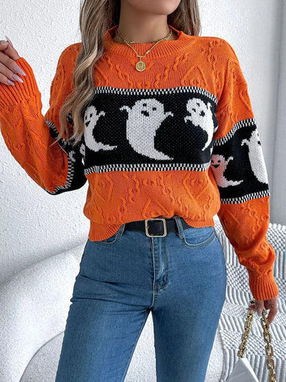 Halloween Ghost Pattern Textured Sweater by Trendsi