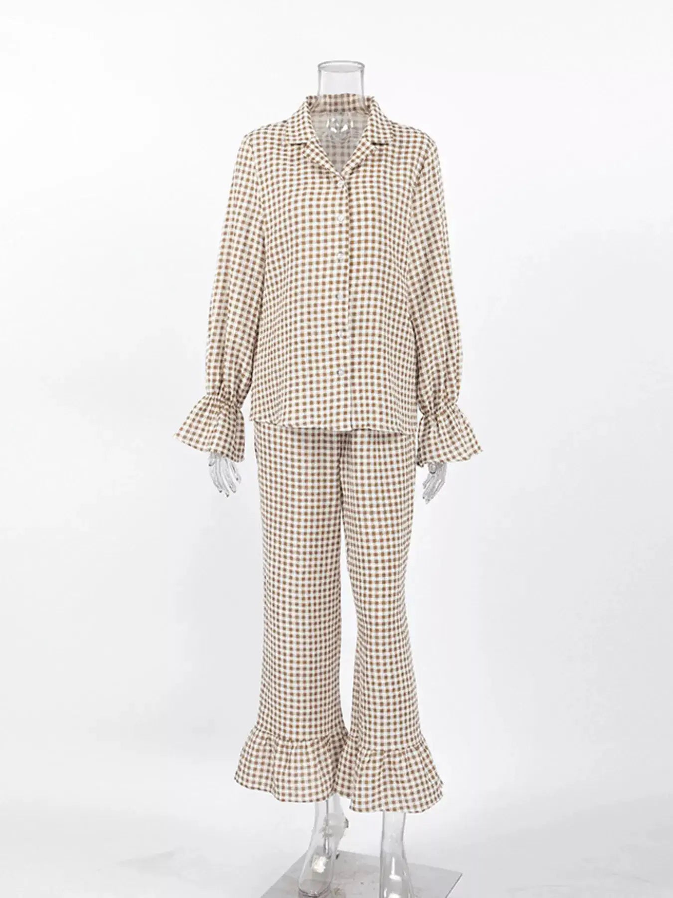 Gingham Ruffle-Trim Top and Pants Lounge Set by Trendsi