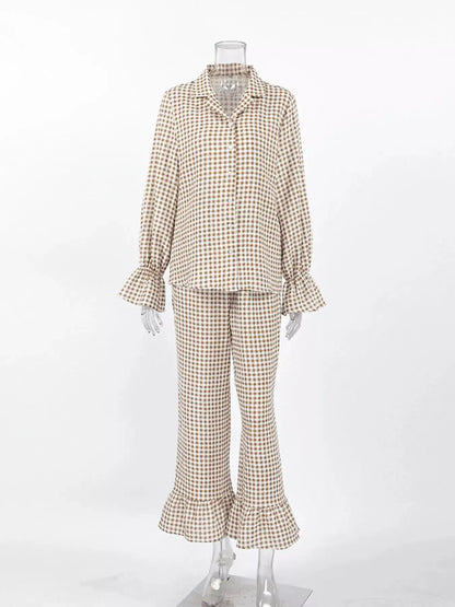 Gingham Ruffle-Trim Top and Pants Lounge Set by Trendsi
