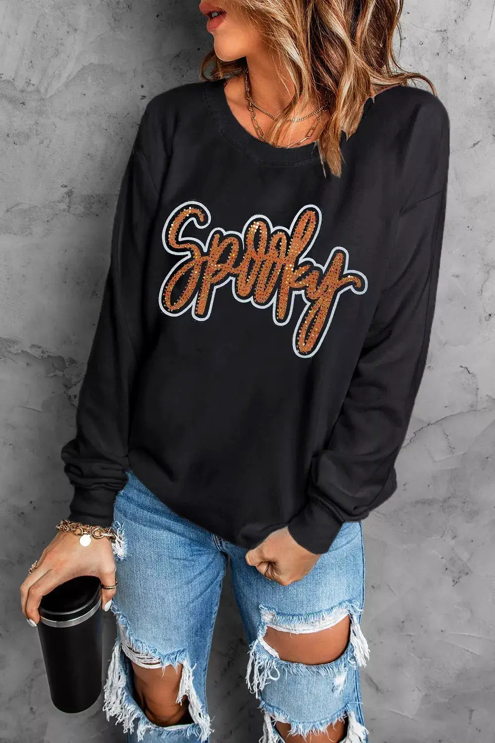 Spooky Rhinestone Drop Shoulder Sweatshirt by Trendsi