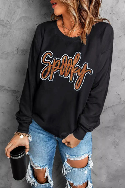 Spooky Rhinestone Drop Shoulder Sweatshirt by Trendsi