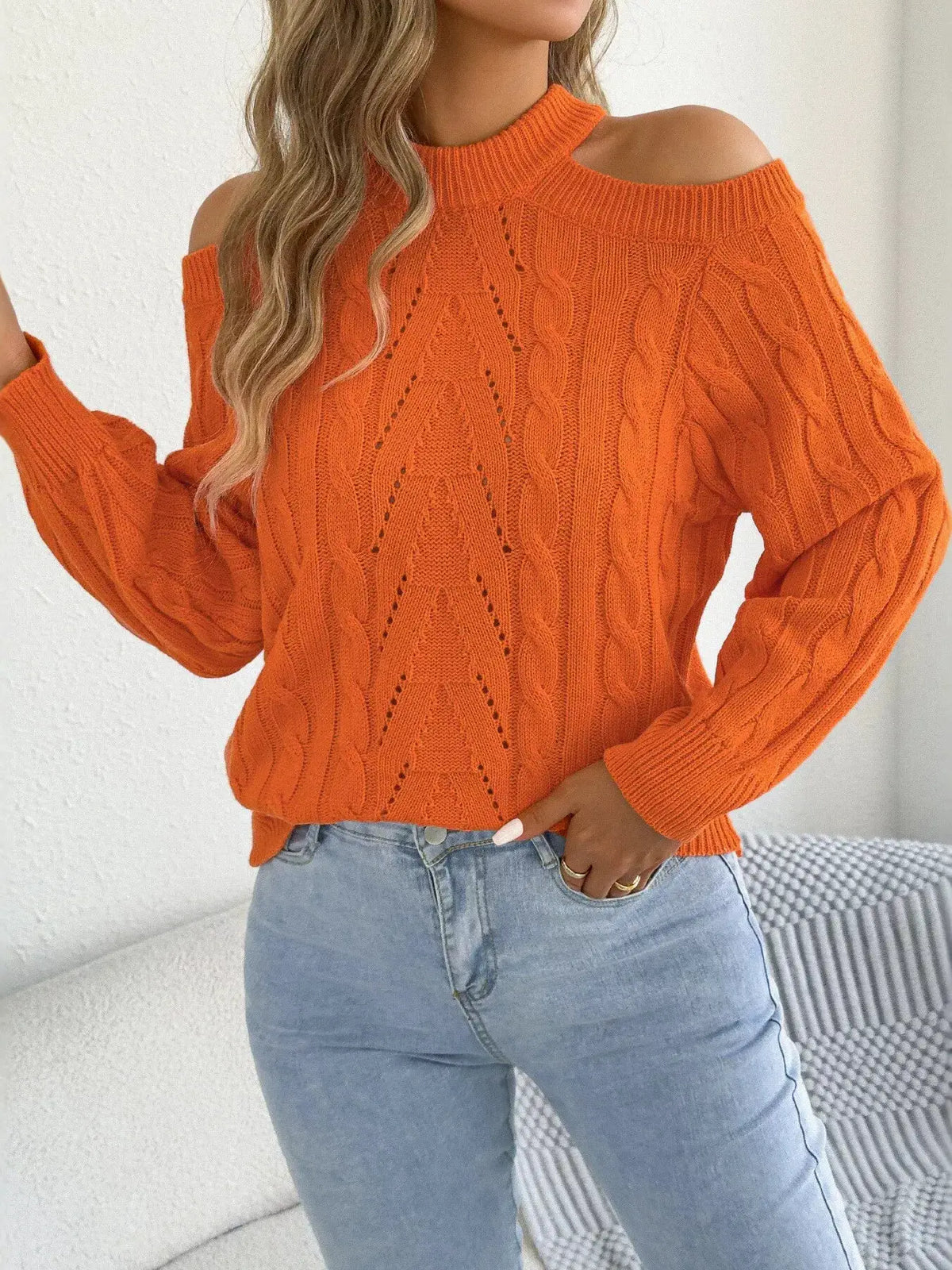 Cold Shoulder Cable Knit Sweater by Trendsi