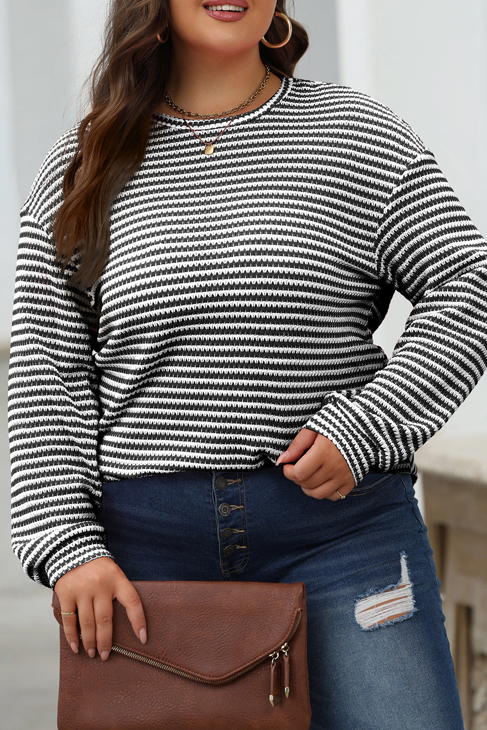 Khaki Stripe Round Neck Drop Shoulder Long Sleeve Top