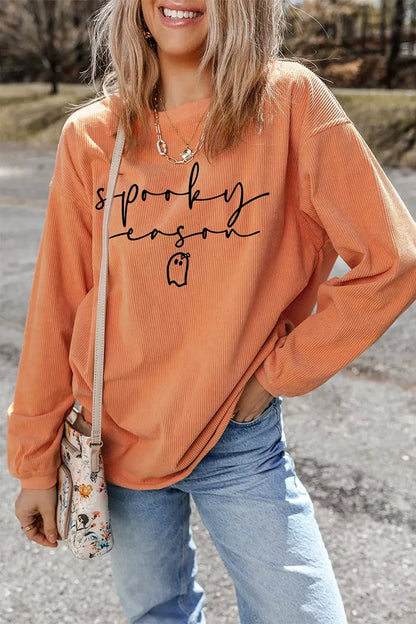 Spooky Season Ghost Letter Cozy Ribbed Pullover Sweatshirt by Trendsi