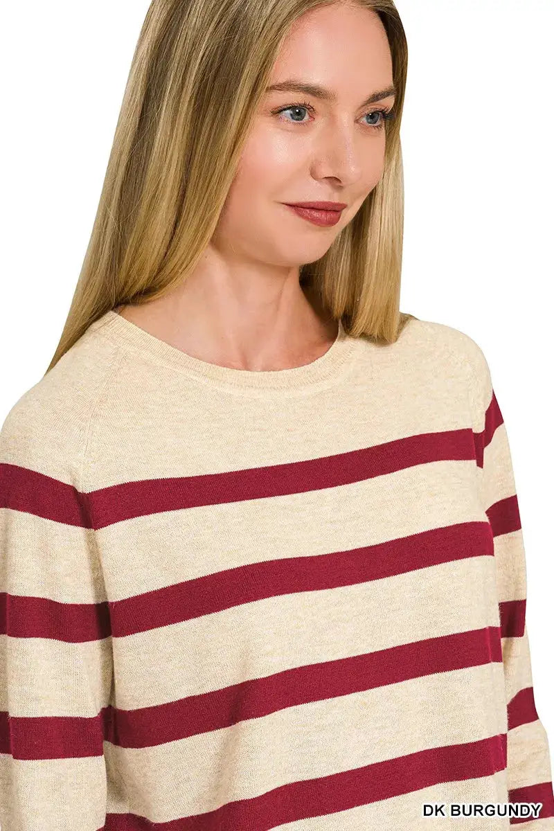 Zenana Lightweight Wool Blend Striped Round Neck Sweater by Trendsi