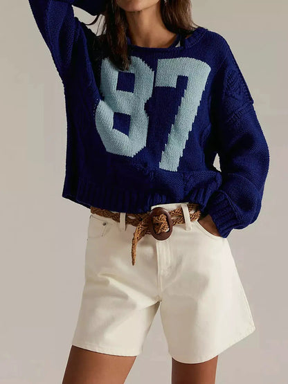 87 Number Cable-Knit Sweater by Trendsi