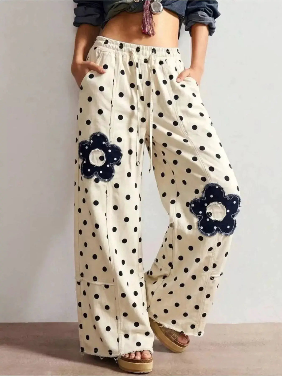Floral Applique Polka Dot Wide-Leg Jeans by Trendsi