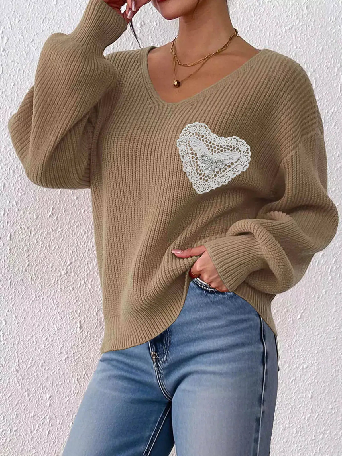 Lace Heart Dropped Shoulder Sweater by Trendsi