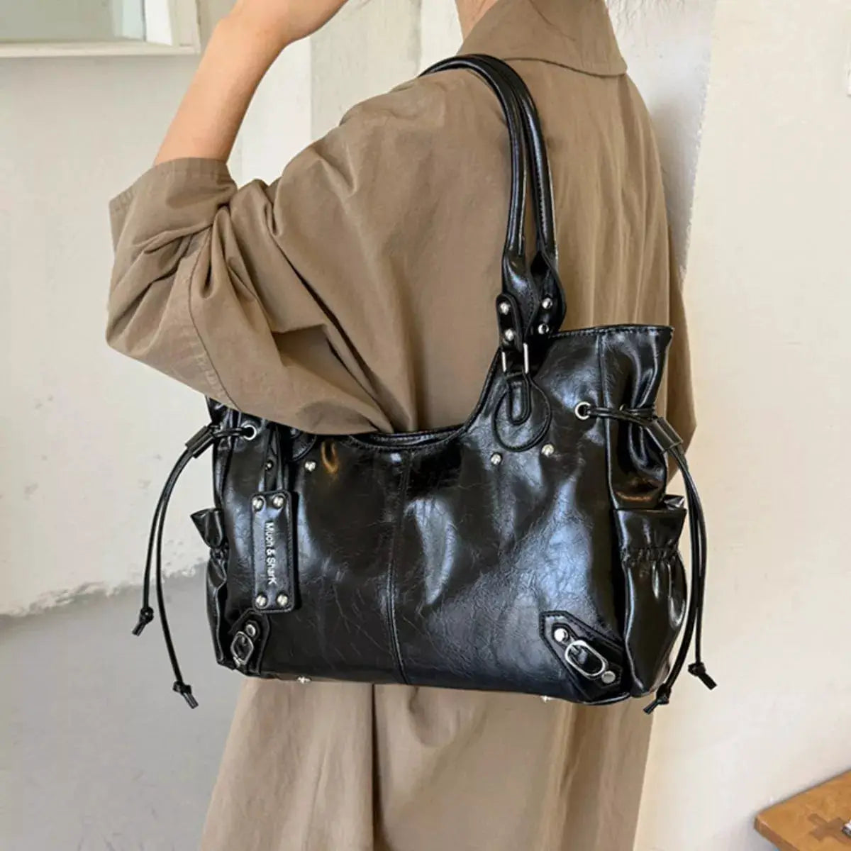 Drawstring Leather Handbag by Trendsi
