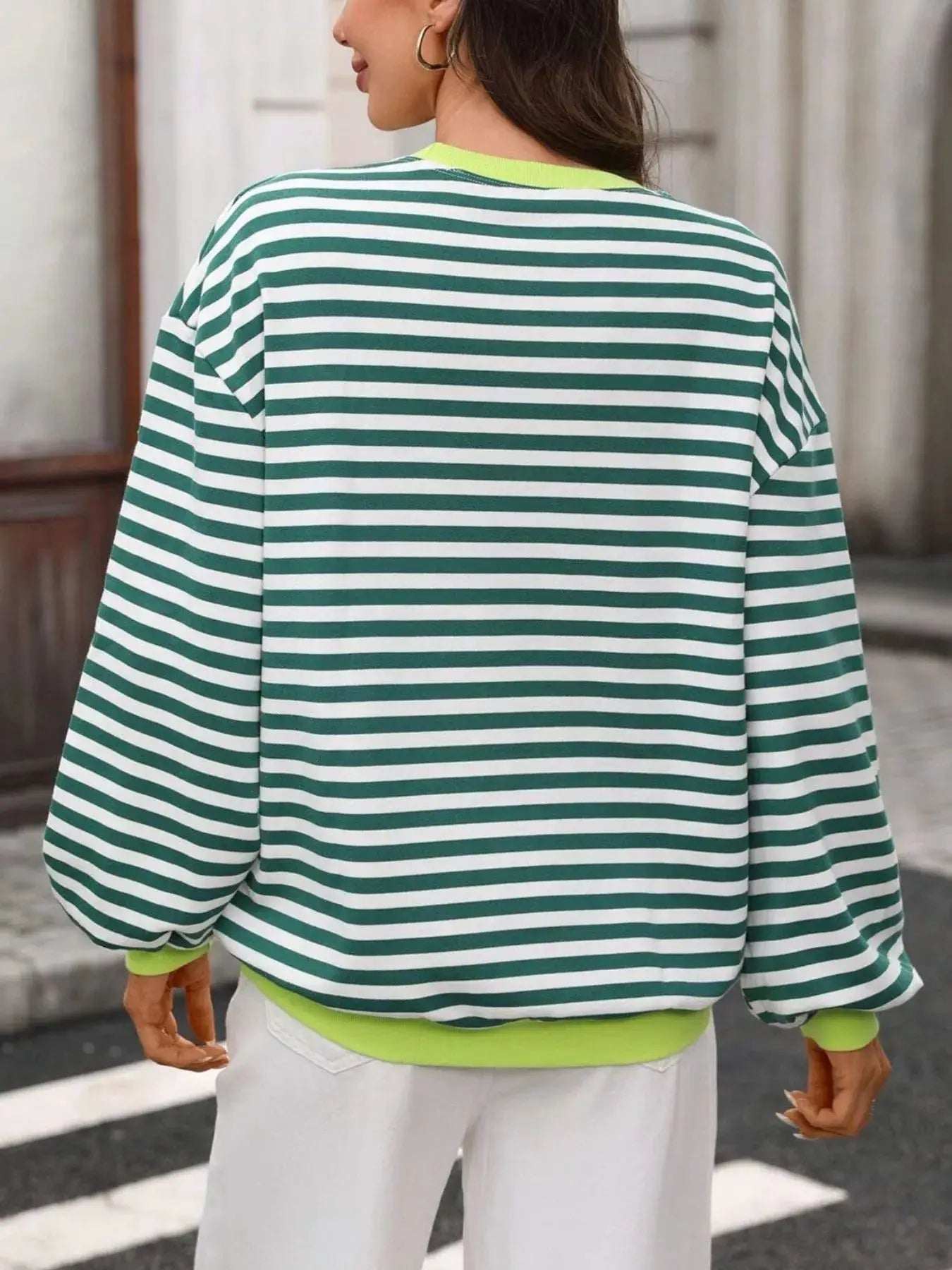 Contrast Trim Striped Crew Neck Sweatshirt by Trendsi