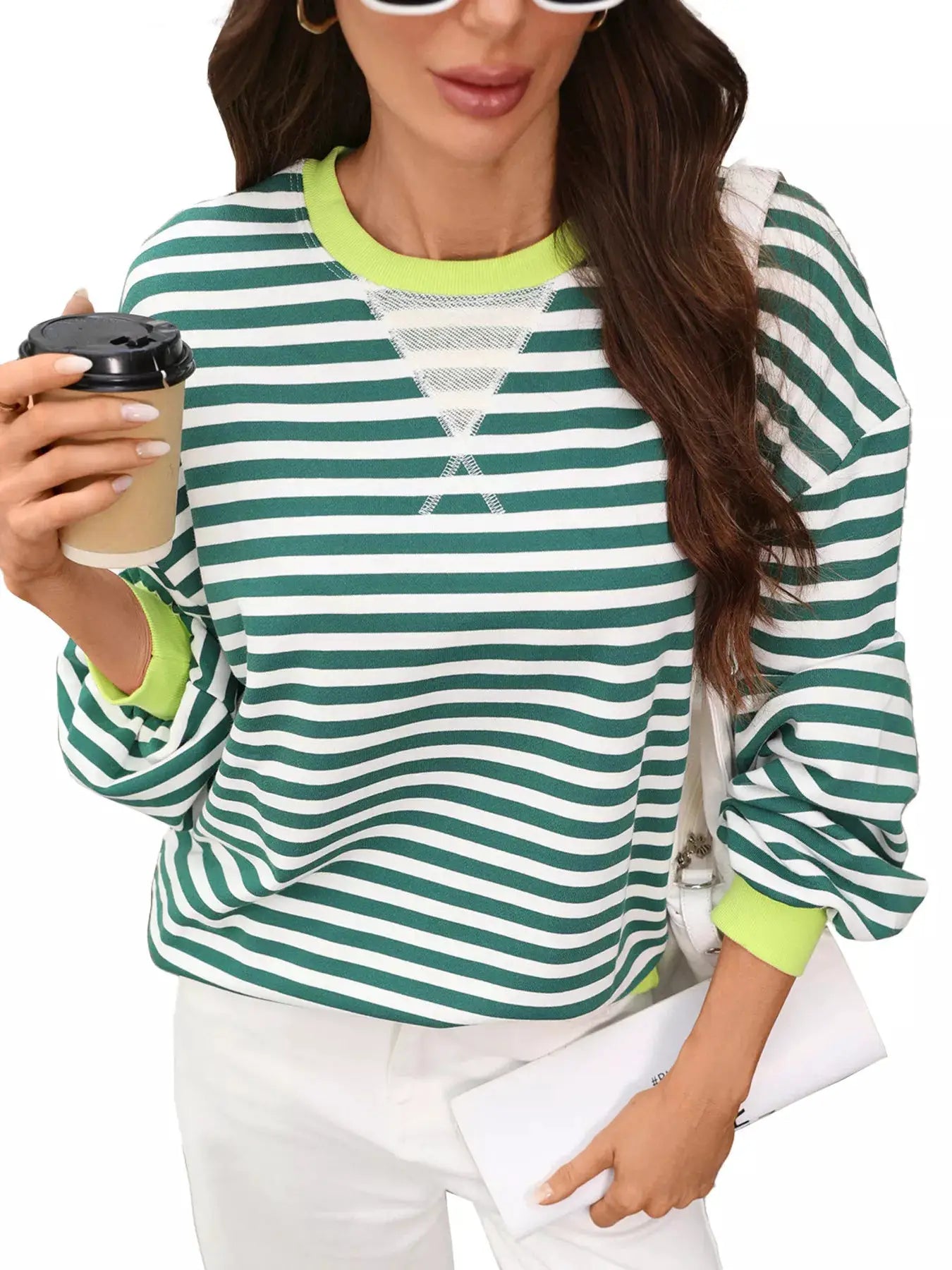 Contrast Trim Striped Crew Neck Sweatshirt by Trendsi