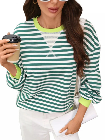 Contrast Trim Striped Crew Neck Sweatshirt by Trendsi