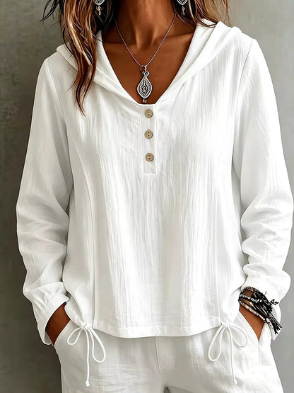 Button Detail Long Sleeve Hooded Blouse by Trendsi