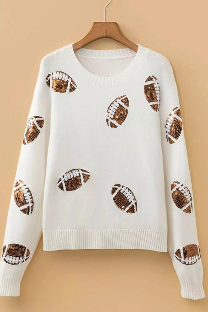 Sequin Football Print Round Neck Long Sleeve Loose Fit Sweater by Trendsi
