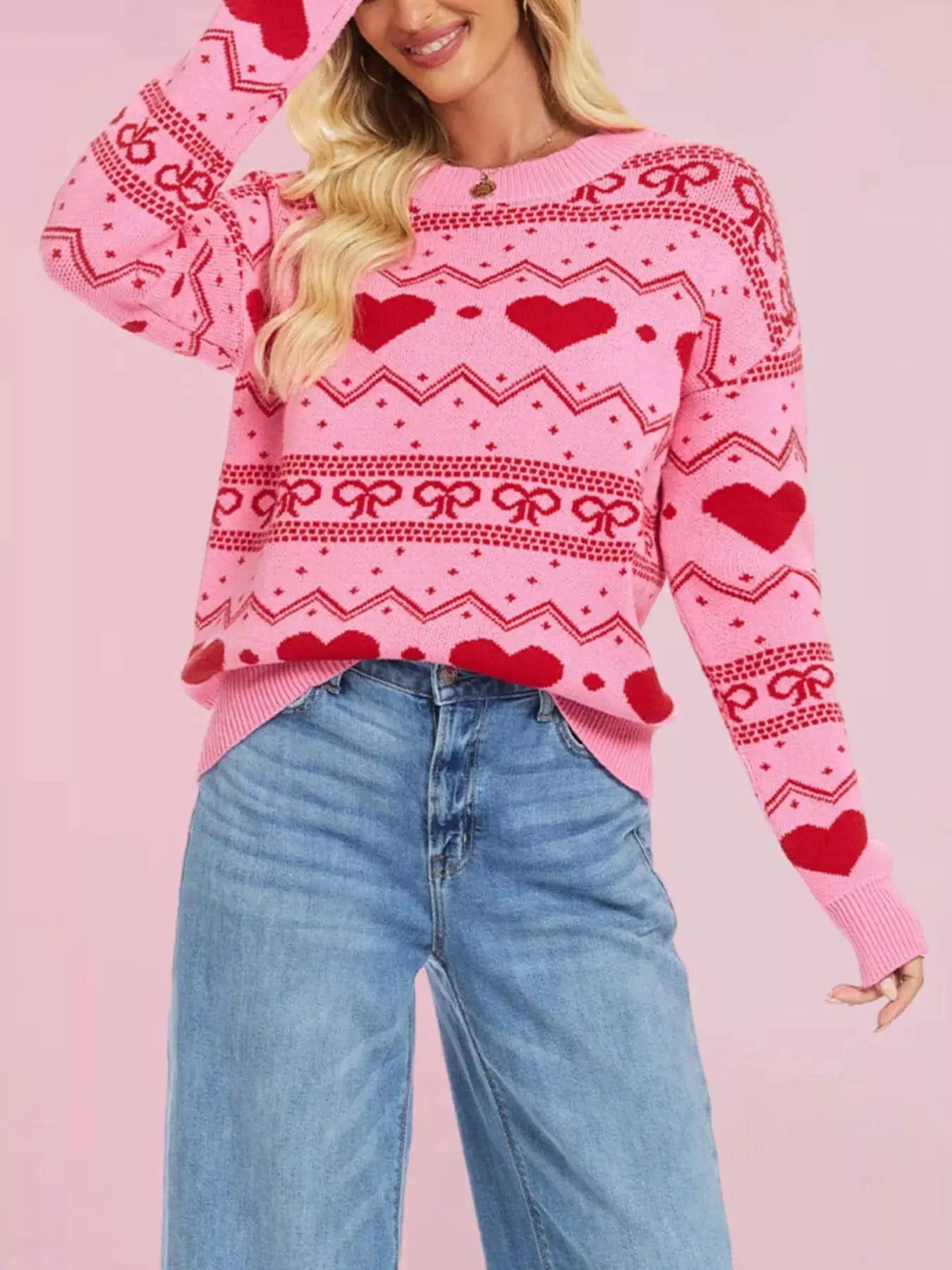 Heart Pattern Dropped Shoulder Sweater by Trendsi