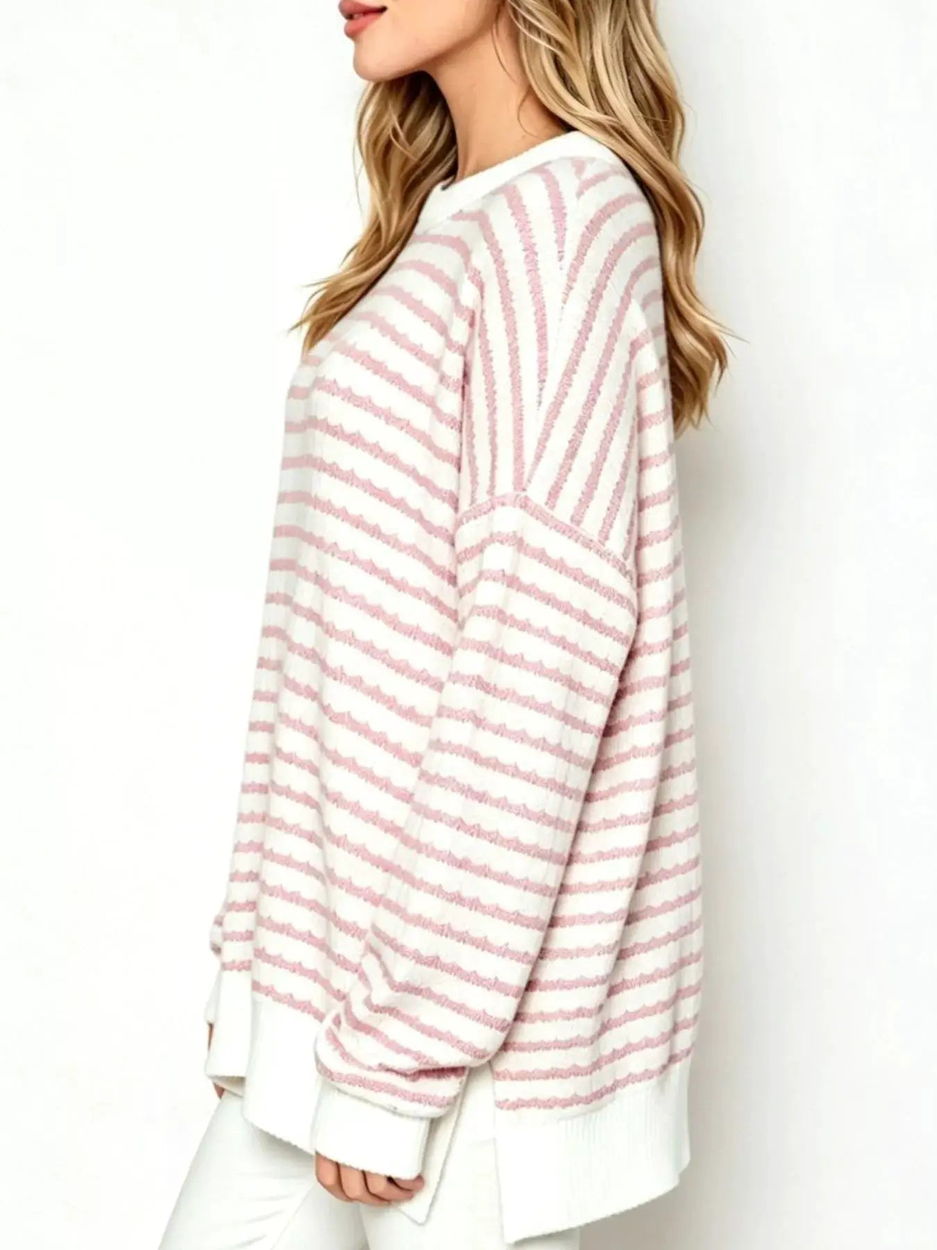 Oversized Striped Crew Neck Sweatshirt by Trendsi