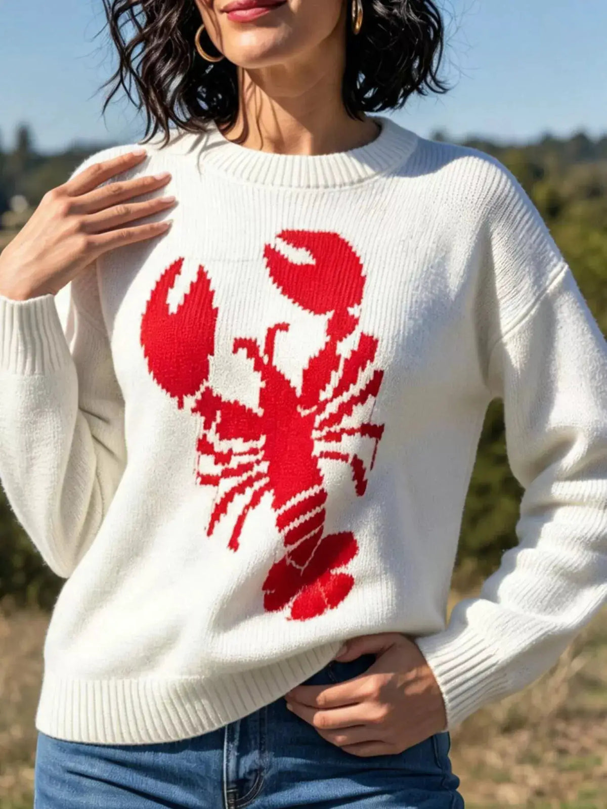 Lobster Graphic Crew Neck Sweater by Trendsi