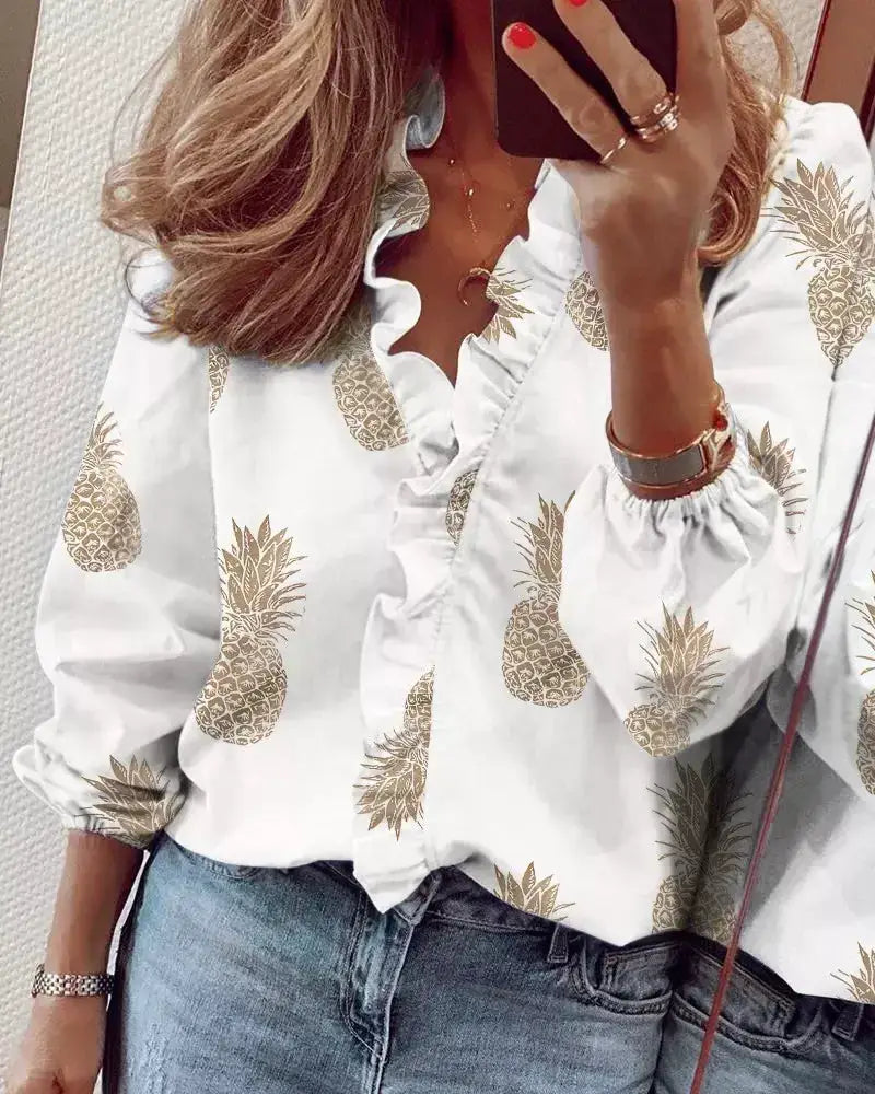 Full Size Printed V-Neck Blouse with Ruffled Plus Size by Trendsi