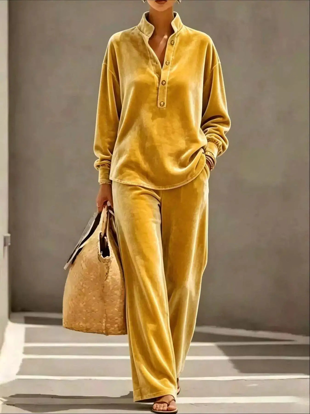 Full Size Half Button Top and Wide Leg Pants Set Plus Size by Trendsi