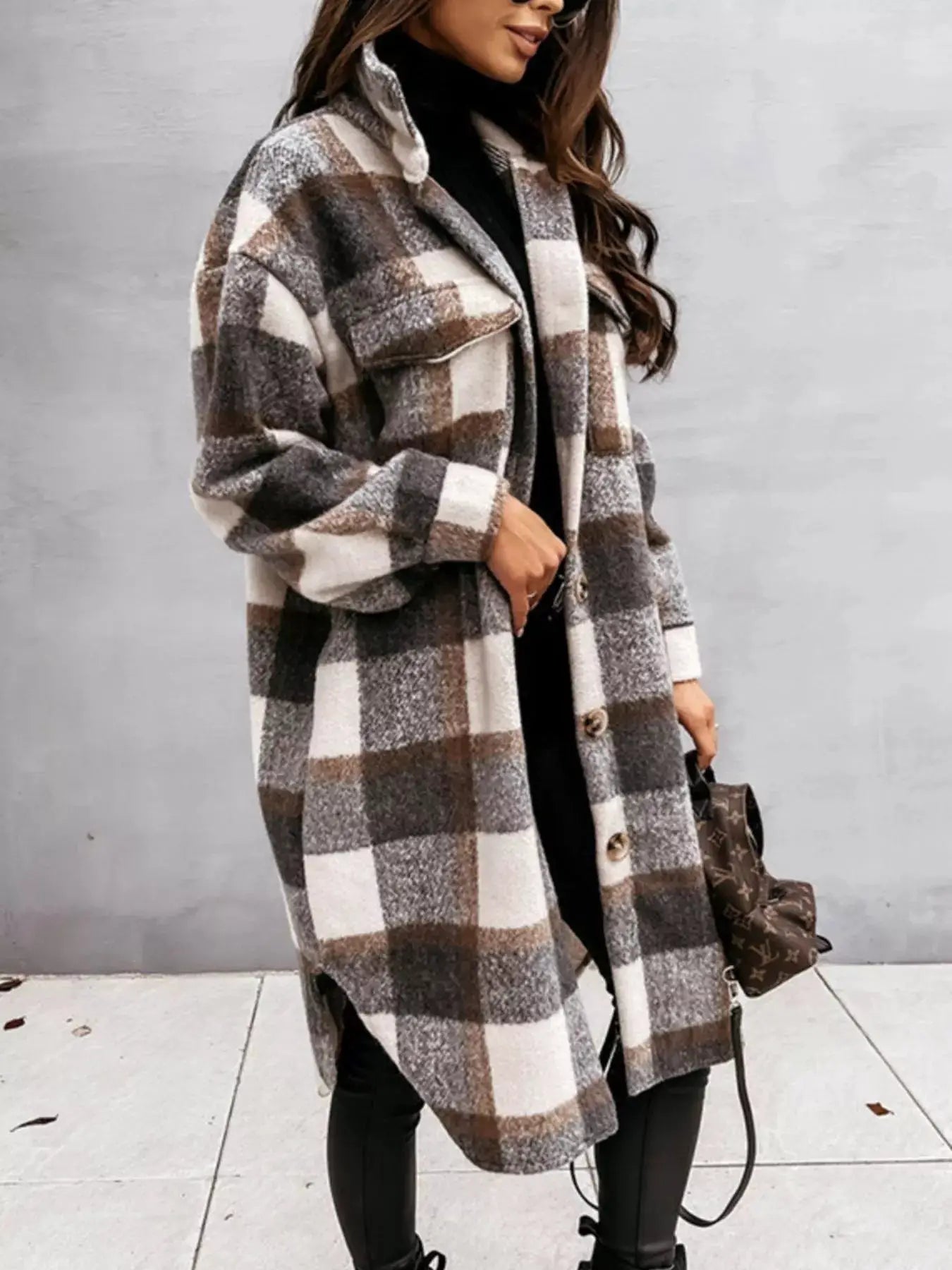 Longline Plaid Button Up Coat by Trendsi