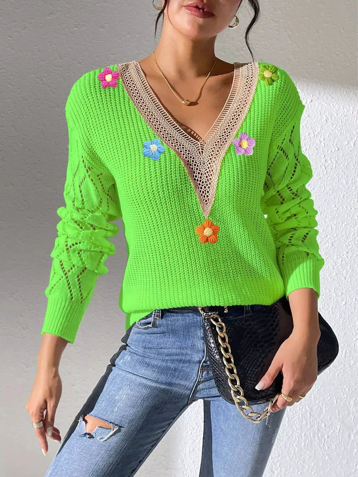 Floral Applique V-Neck Openwork Sweater by Trendsi