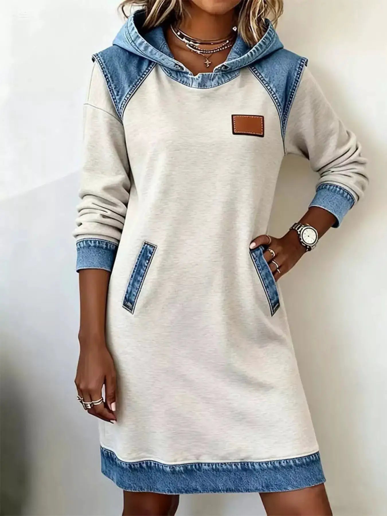 Full Size Denim Patchwork Hooded Sweatshirt Dress Plus Size by Trendsi