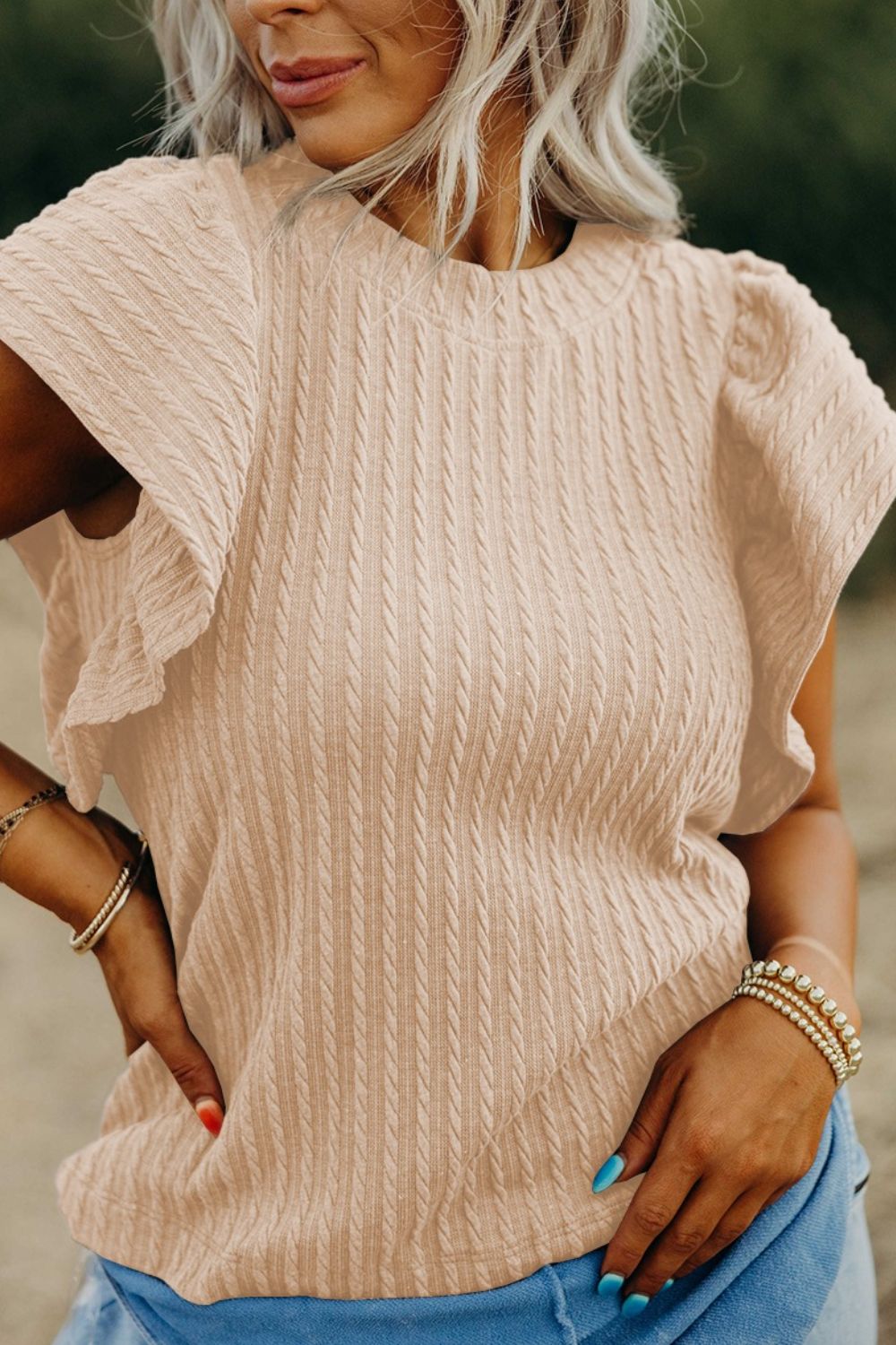 Texture Round Neck Cap Sleeve Top