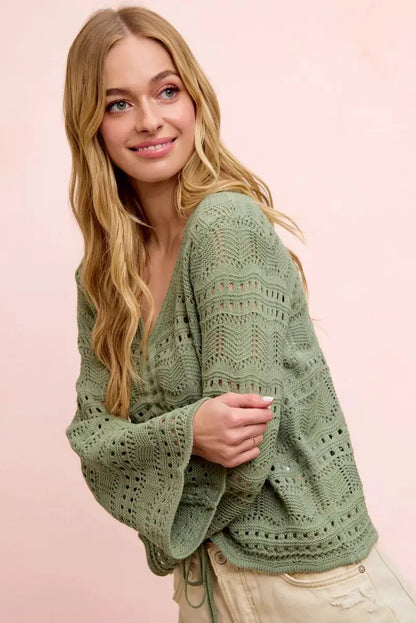 BiBi Pointelle Knit V Neck Ruched Front Lightweight Top by Trendsi