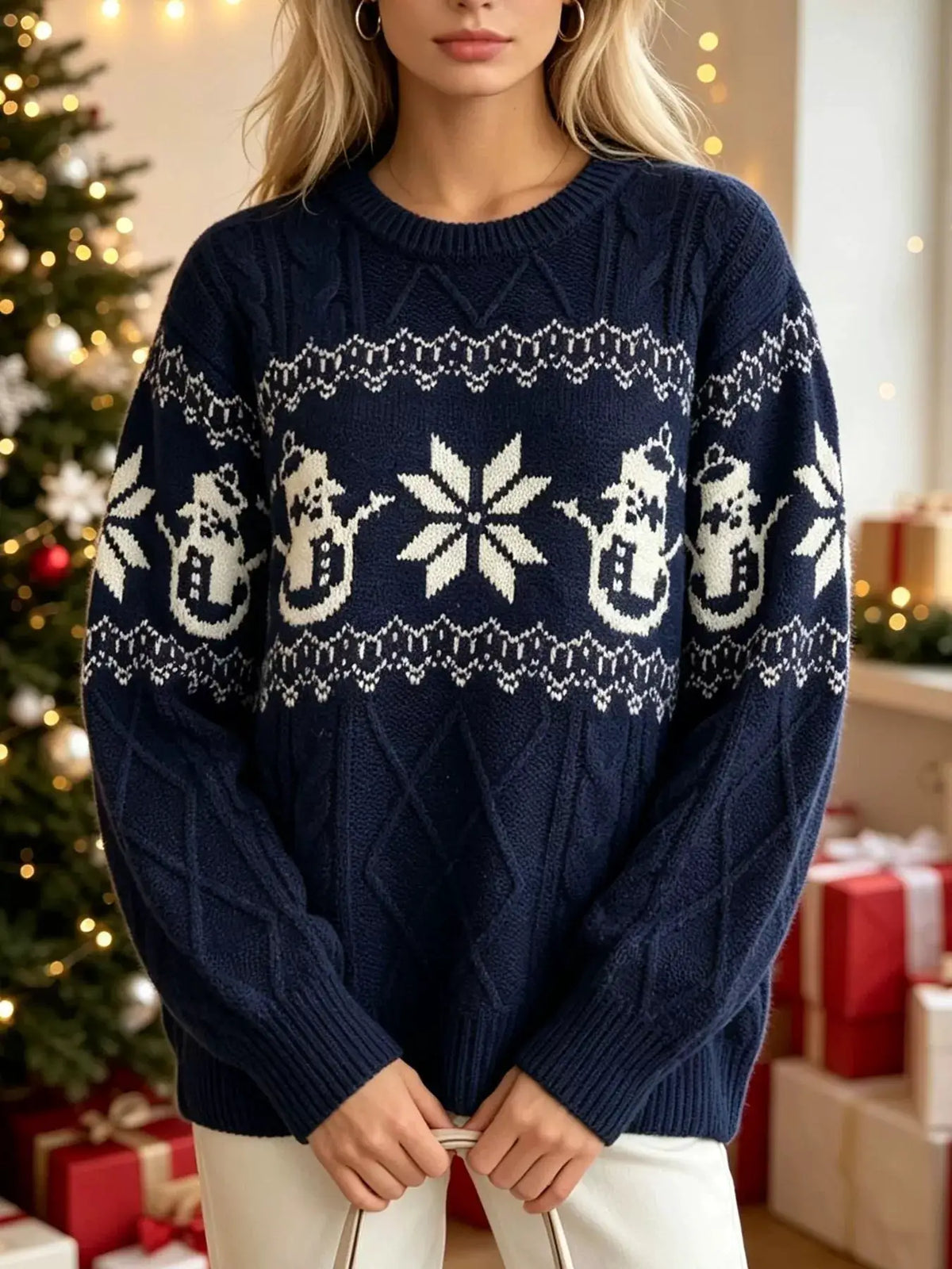 Christmas Snowman Pattern Cable Knit Sweater by Trendsi