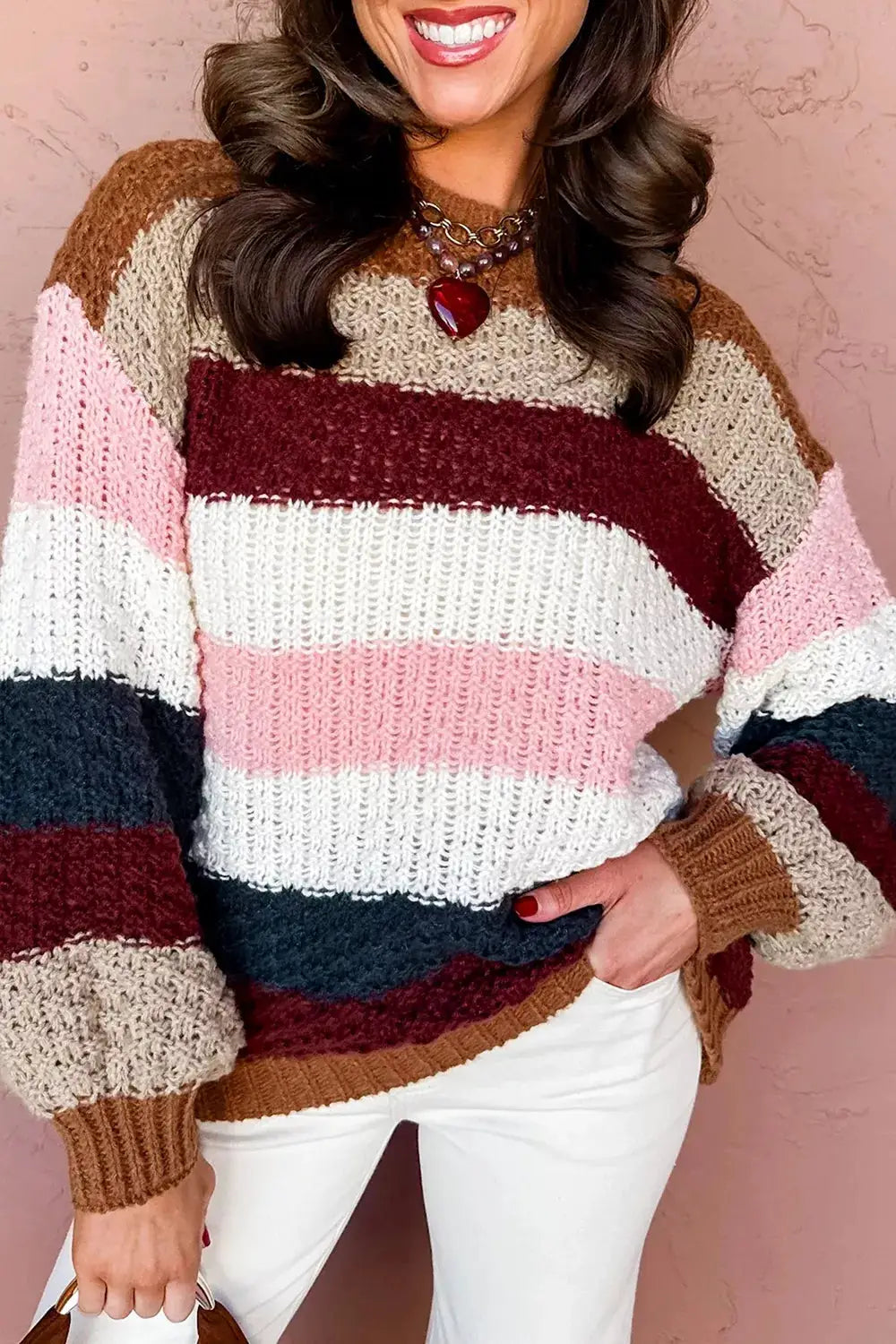 Striped Knit Dropped Shoulder Round Neck Sweater by Trendsi
