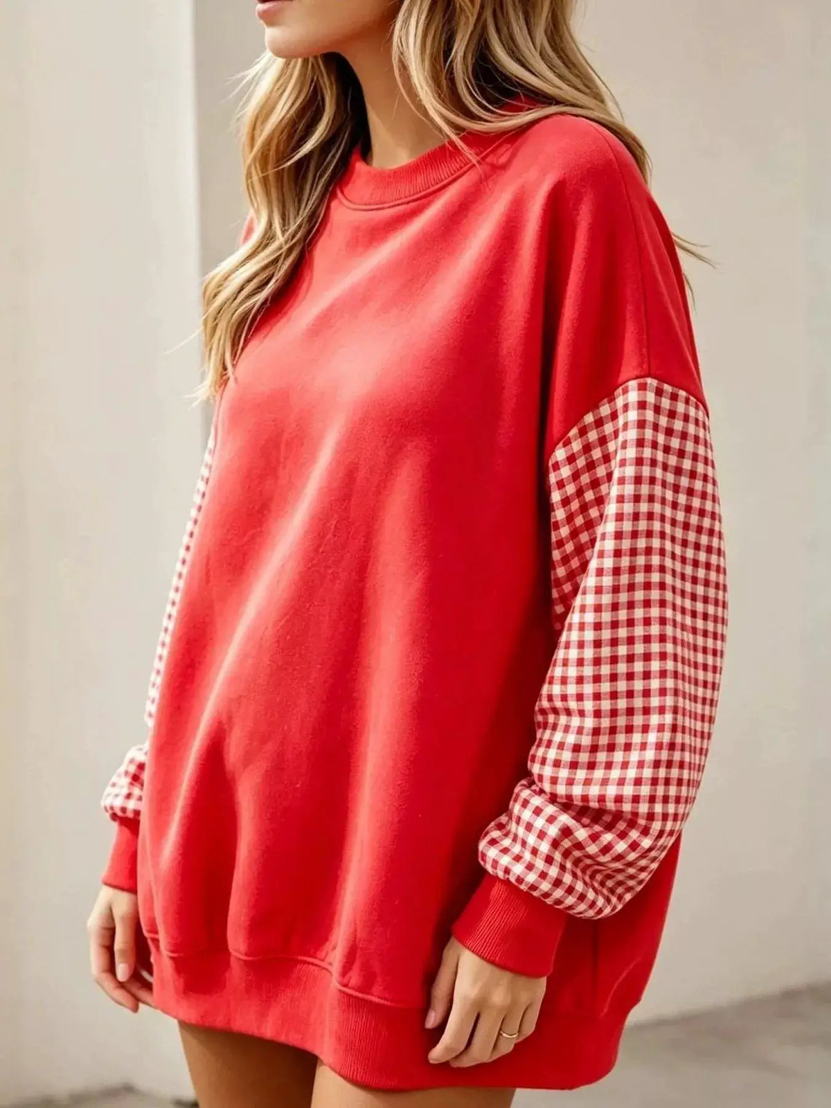 Contrast Gingham Long Sleeve Sweatshirt by Trendsi
