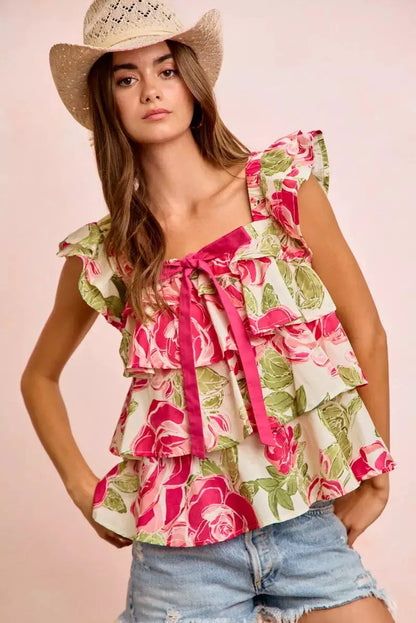 BiBi Floral Print Woven Bow Tie Ruffle Square Neck Top by Trendsi