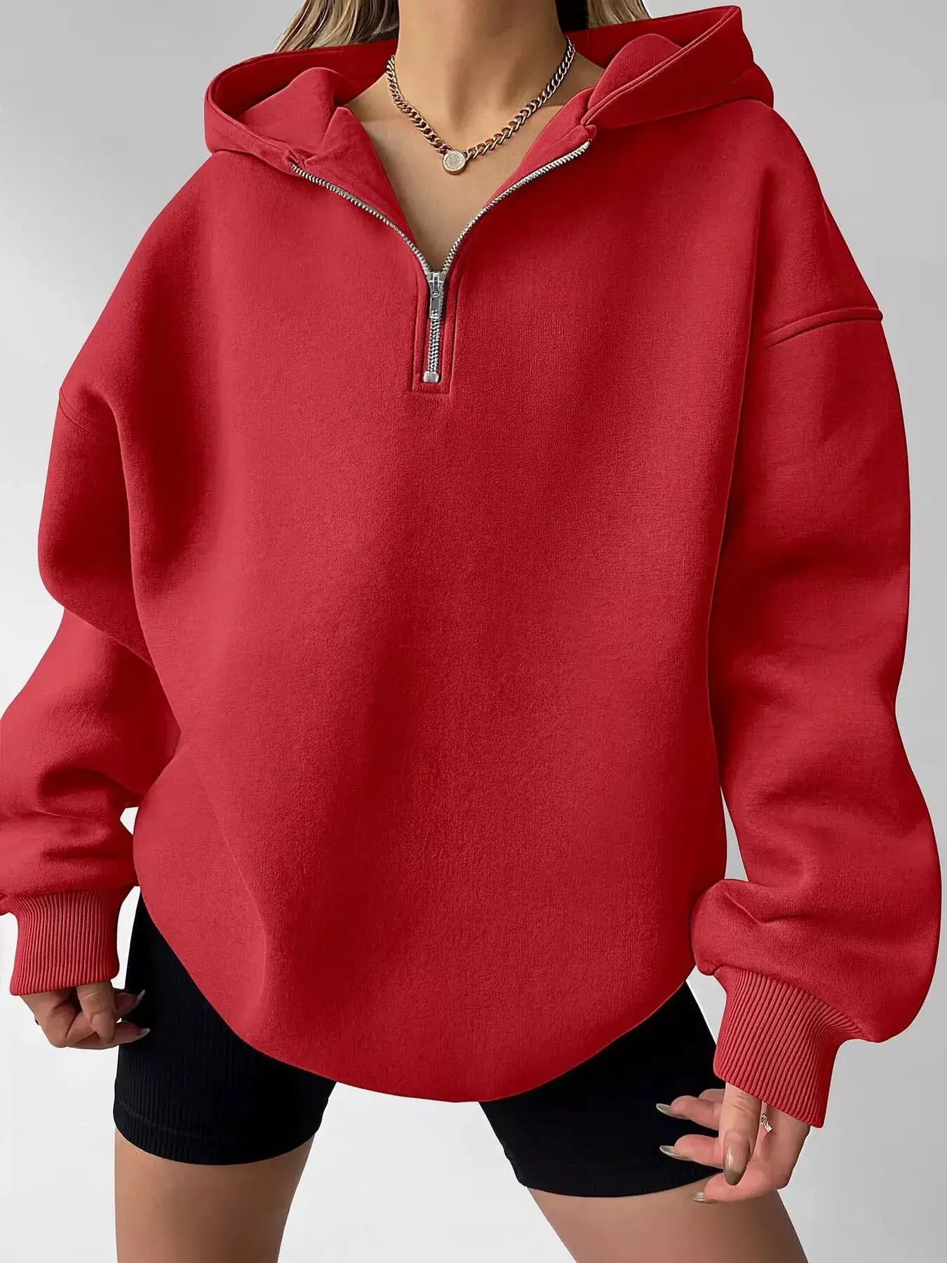 Oversized Quarter-Zip Hoodie by Trendsi