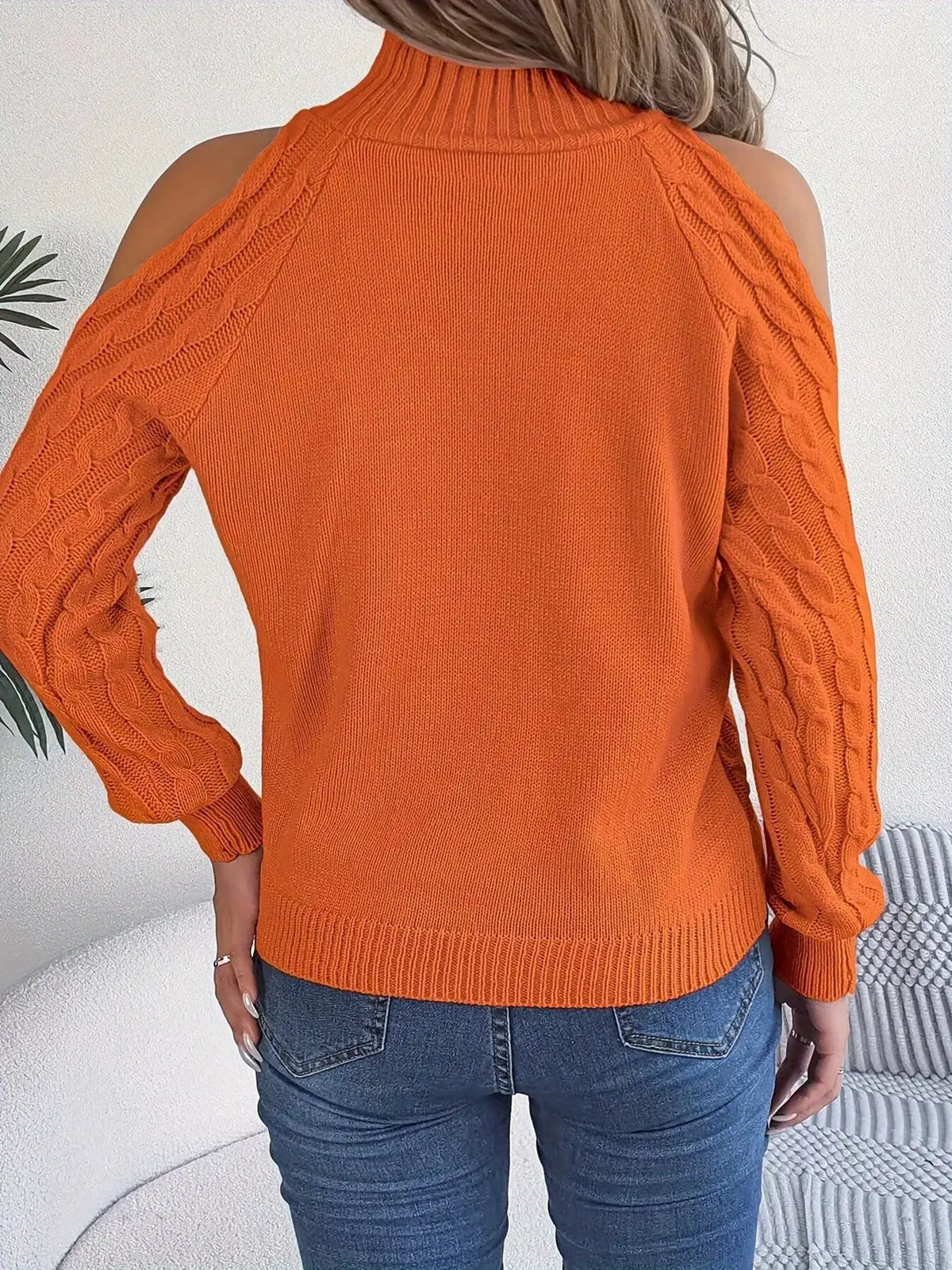 Cold-Shoulder Cable Knit Sweater by Trendsi