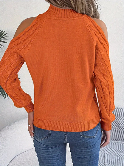 Cold-Shoulder Cable Knit Sweater by Trendsi