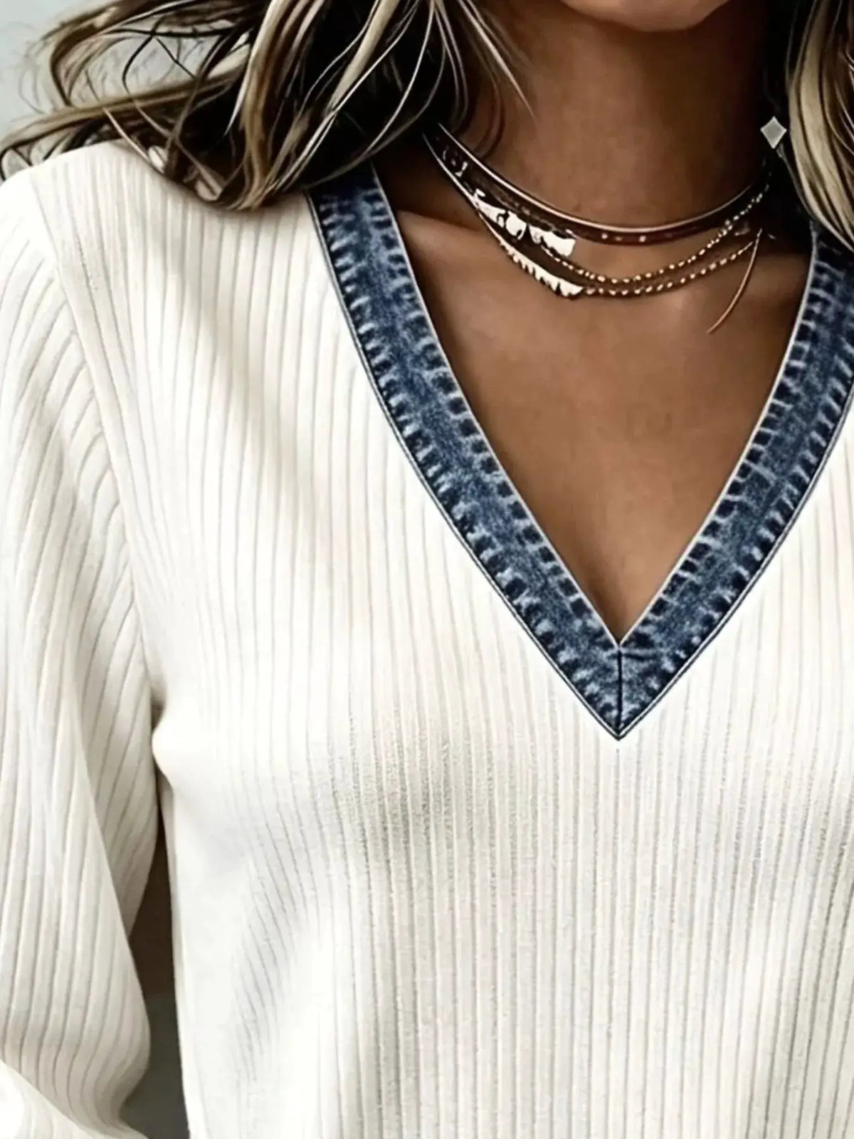 Denim Trim V-Neck Ribbed Knit Top by Trendsi