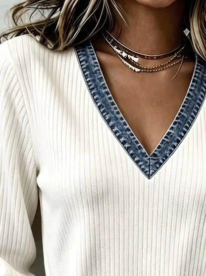 Denim Trim V-Neck Ribbed Knit Top by Trendsi