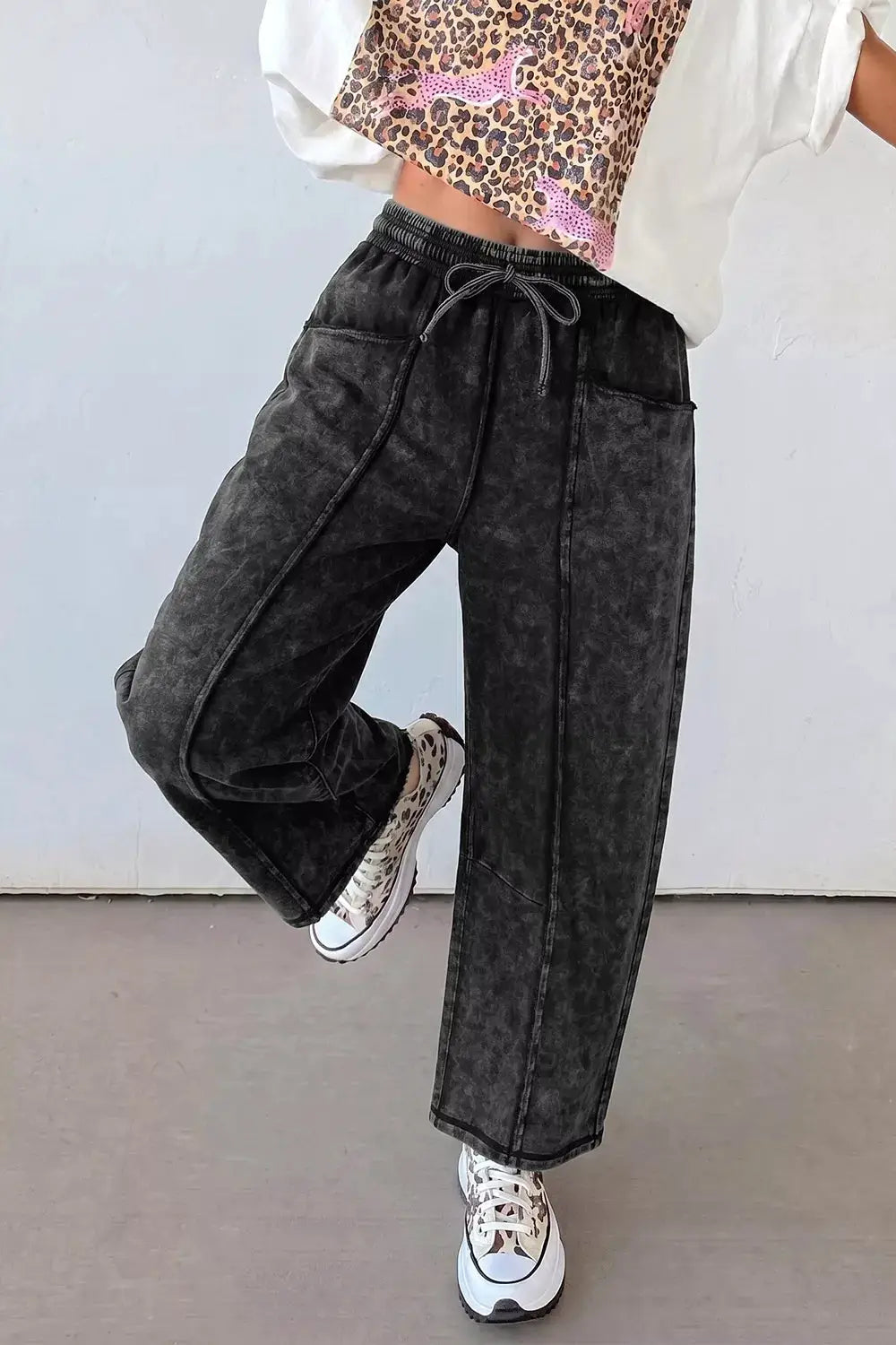 Mineral Wash Raw Seam Drawstring Elastic Waist Barrel Pants by Trendsi