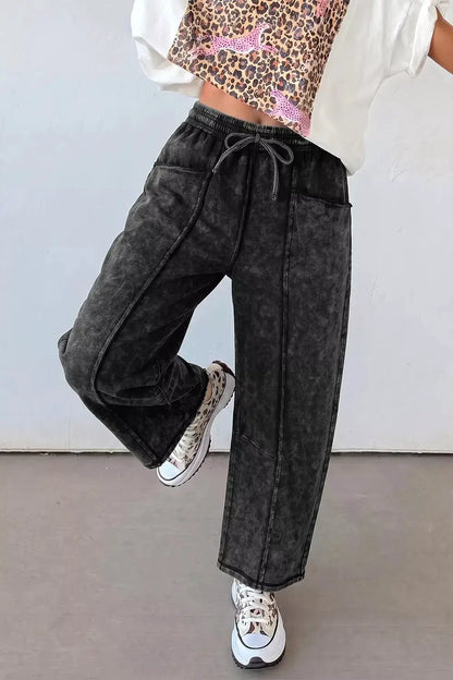 Mineral Wash Raw Seam Drawstring Elastic Waist Barrel Pants by Trendsi