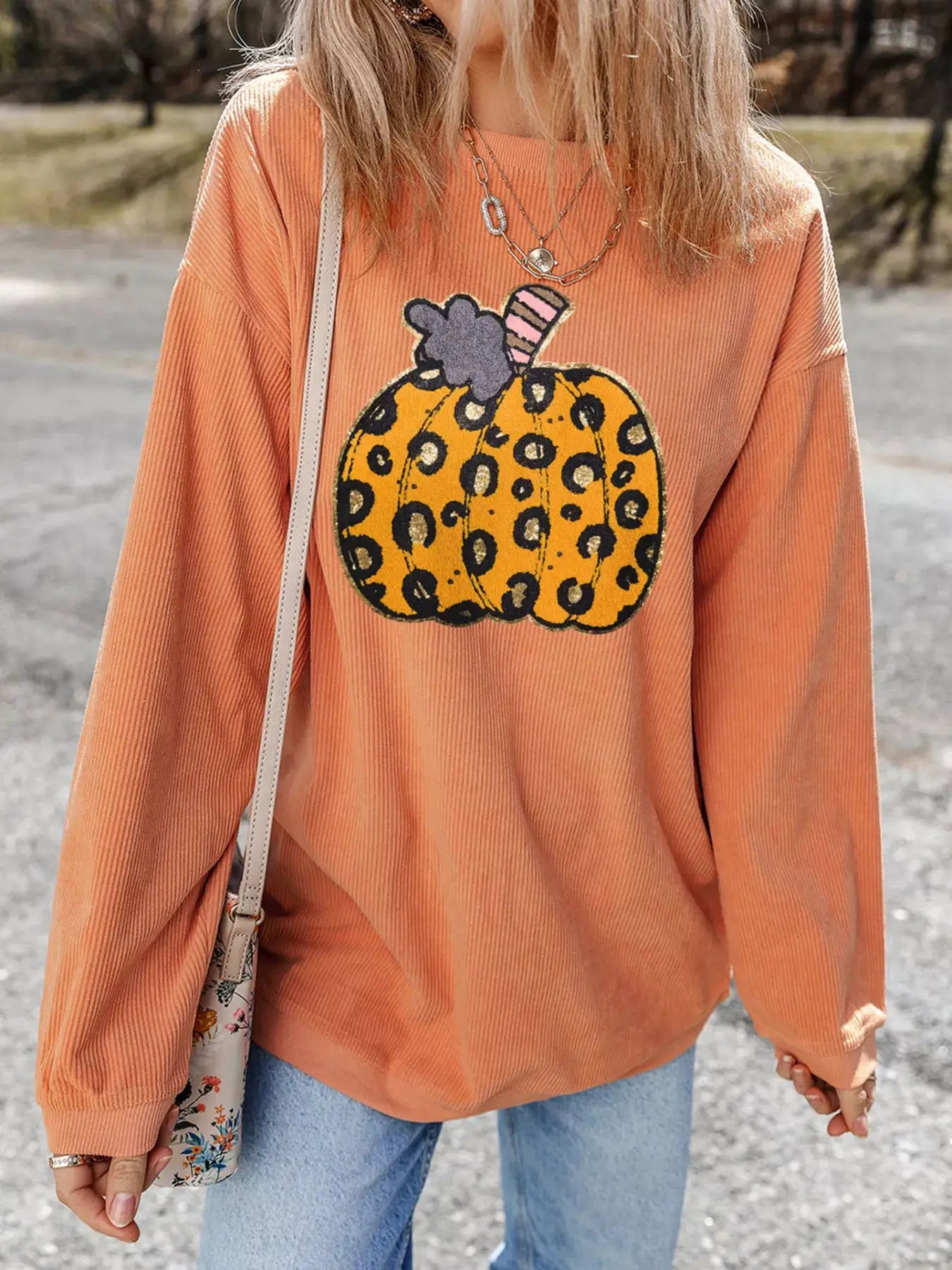 Halloween Leopard Pumpkin Patchwork Ribbed Sweatshirt by Trendsi