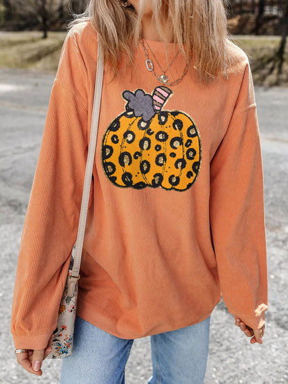 Halloween Leopard Pumpkin Patchwork Ribbed Sweatshirt by Trendsi