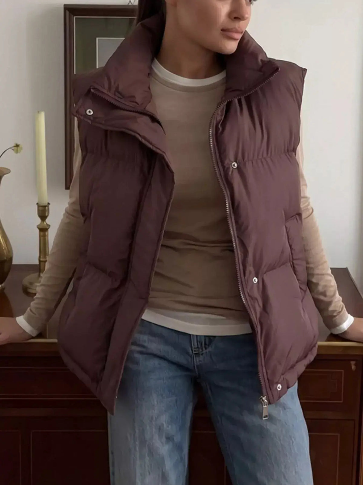 Snap-Button Placket Quilted Puffer Vest Coat by Trendsi