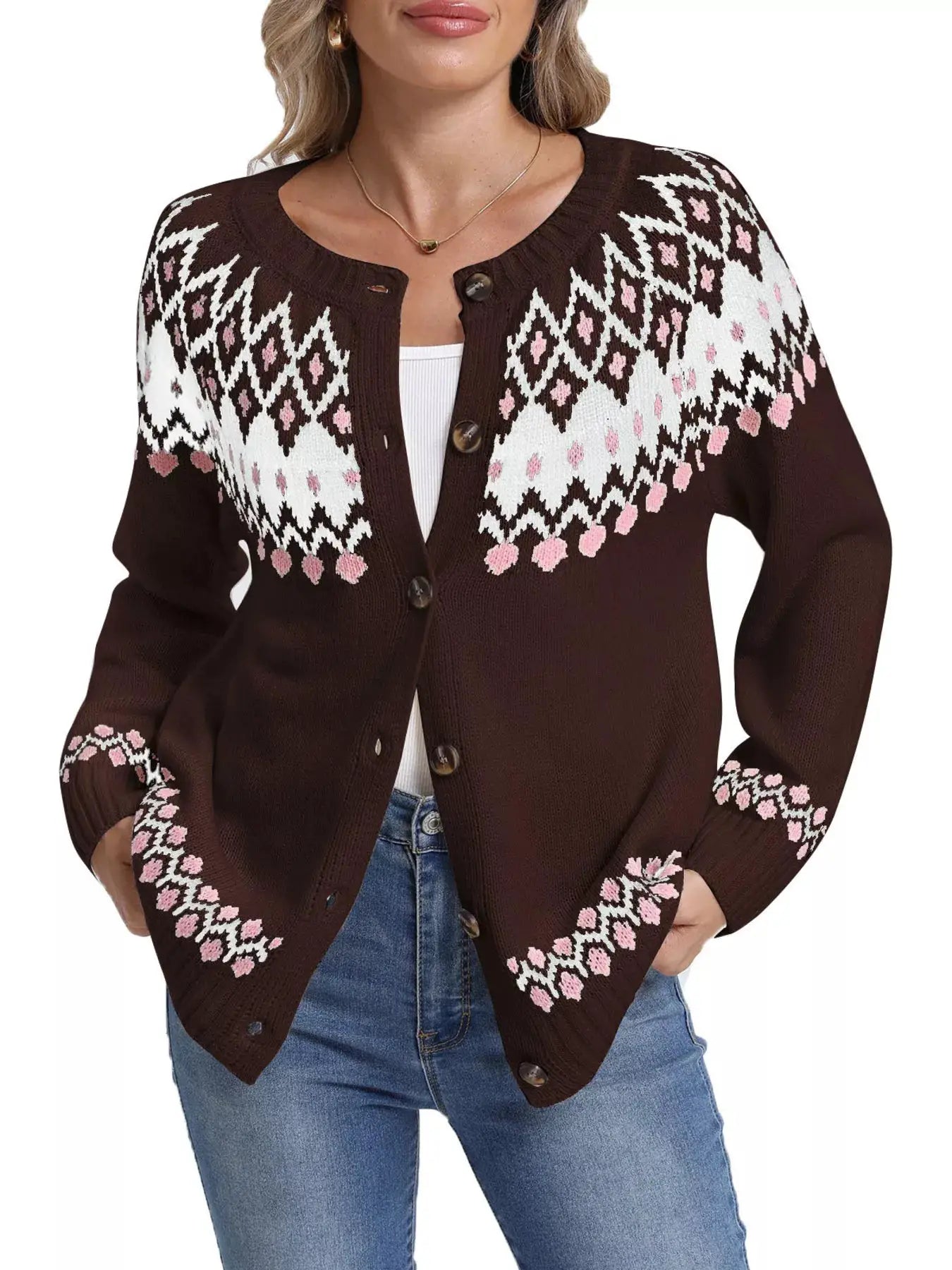 Fair Isle Patterned Button-Down Knit Cardigan by Trendsi