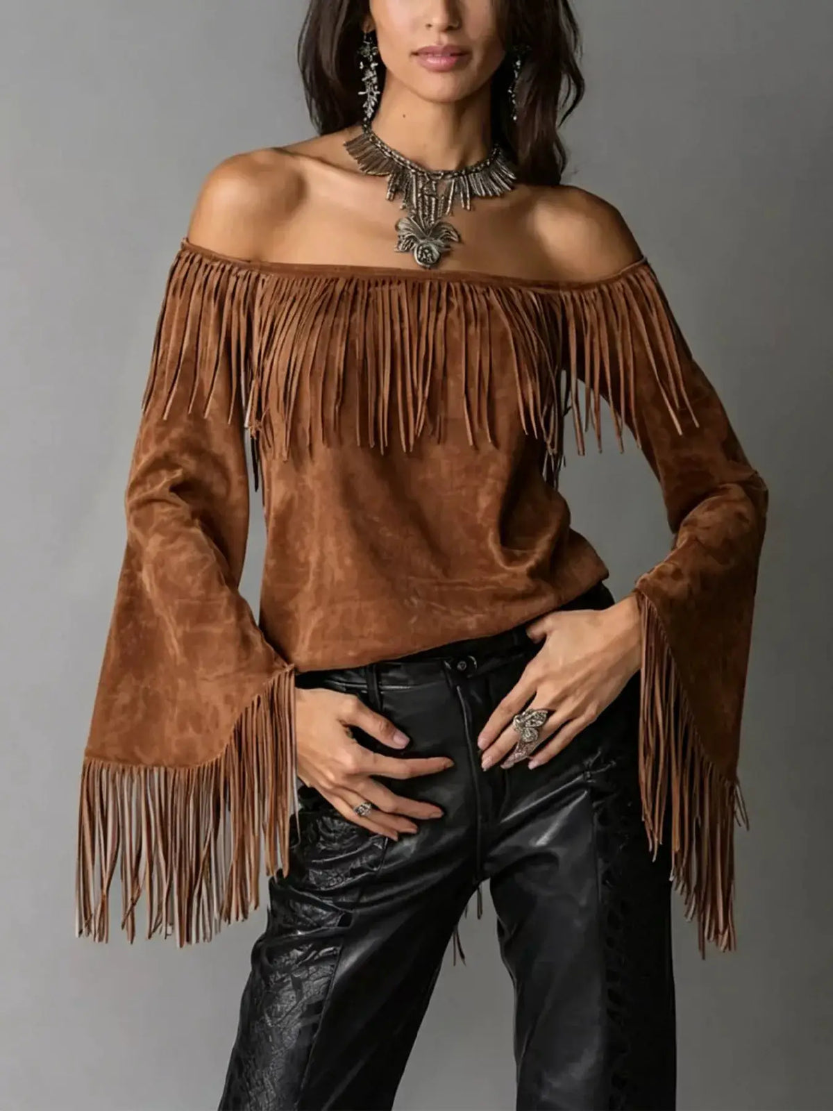 Full Size Fringed Off-Shoulder T-Shirt Plus Size by Trendsi