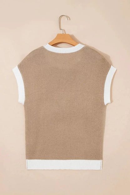 Horse Shoe Pattern Contrast Trim Short Sleeve Sweater by Trendsi