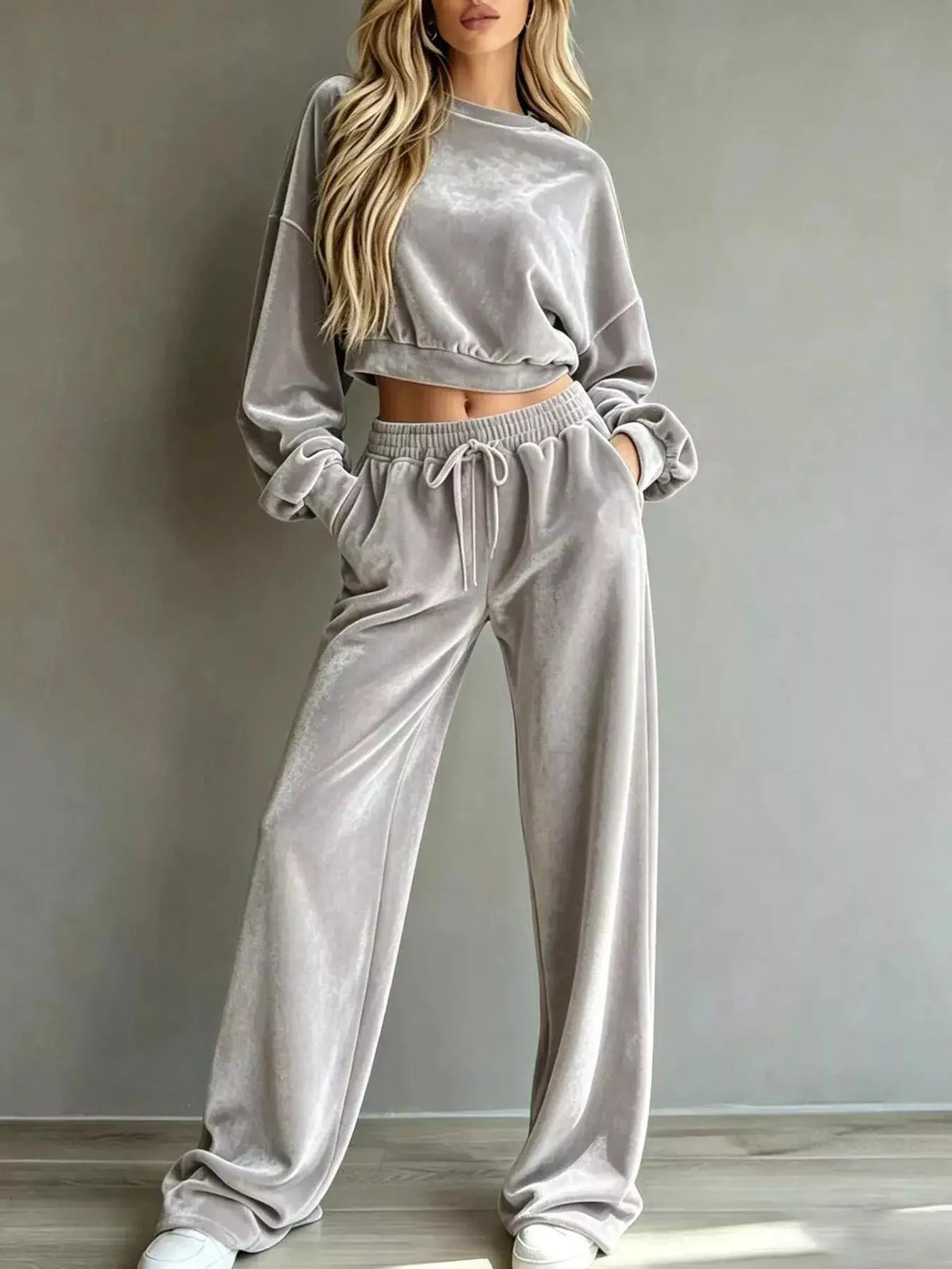 Full Size Cropped Sweatshirt and Wide-Leg Pants Set Plus Size by Trendsi