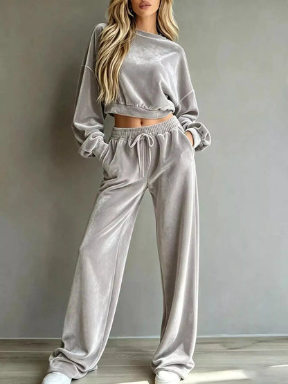 Full Size Cropped Sweatshirt and Wide-Leg Pants Set Plus Size by Trendsi