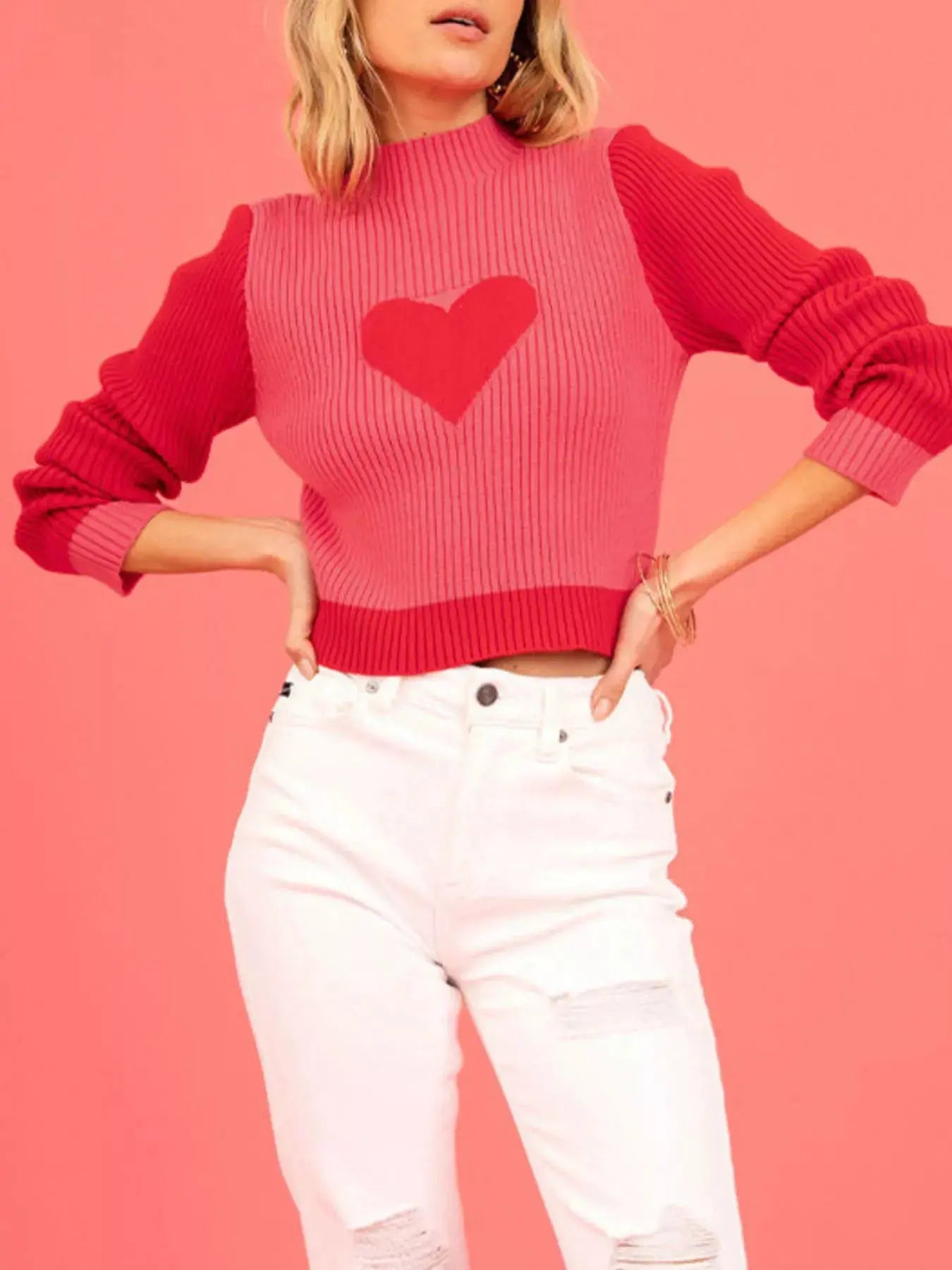 Color-Block Heart Pattern Ribbed Knit Sweater by Trendsi