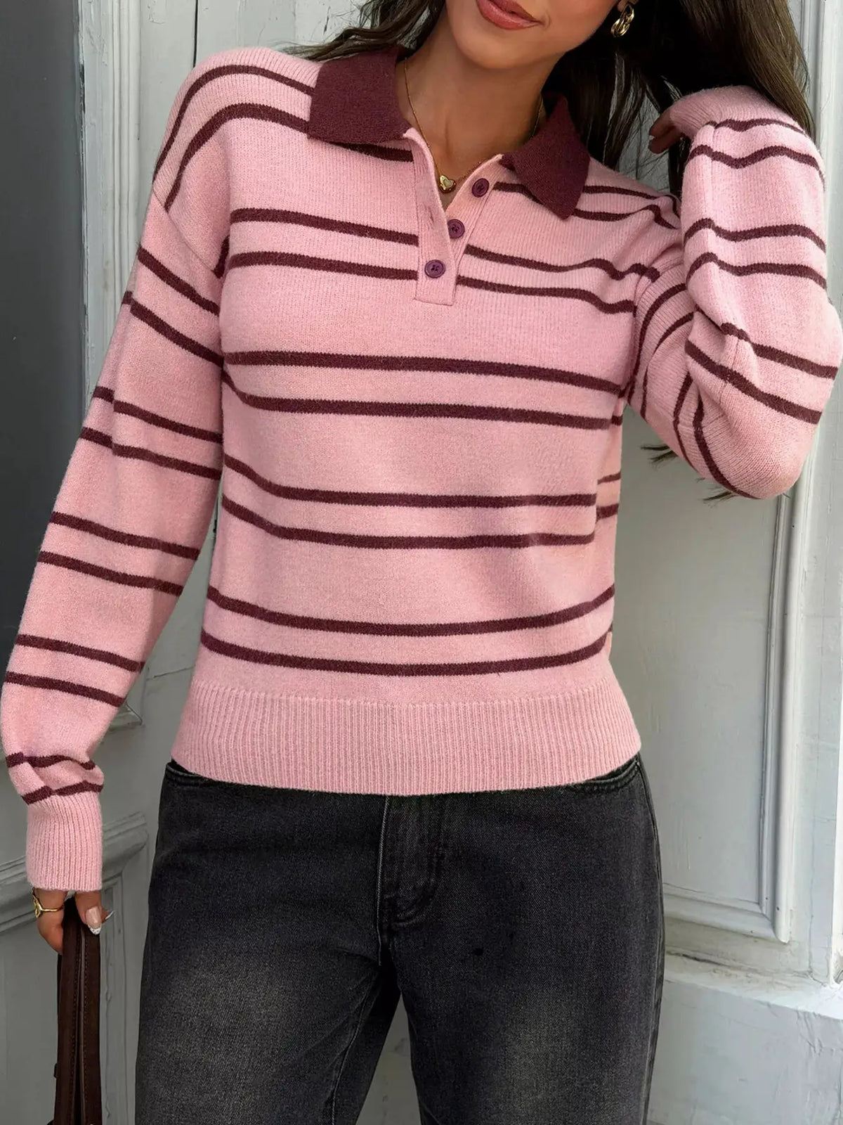 Striped Polo Collar Dropped Shoulder Sweater by Trendsi